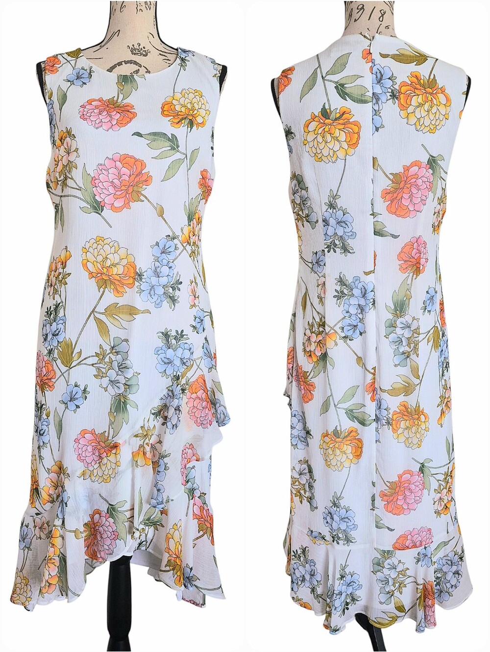 Calvin Klein white floral ruffle Sleeveless dress 12 Boho Cocktail Wedding Guest